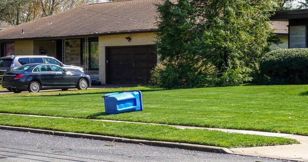 recycling trash can on its side on the green lawn in front of a house